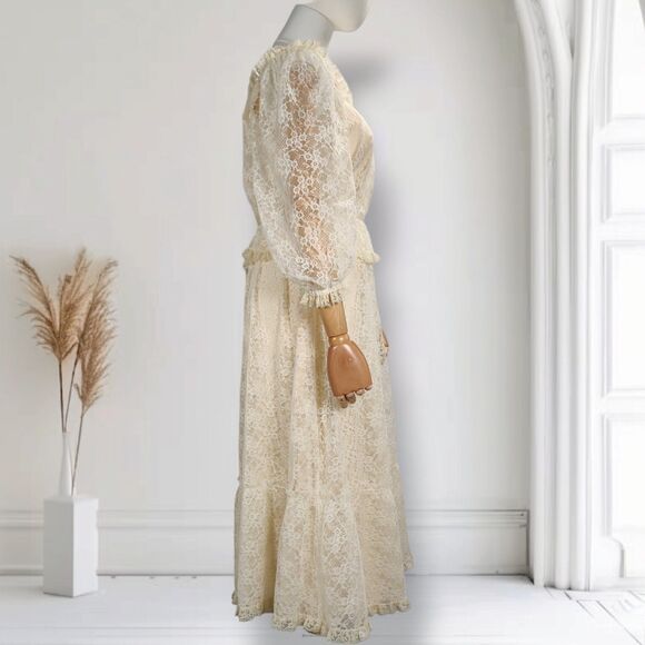Vintage 70s Lace Puff Sleeve Midi Dress Size 4 Boho Wedding Cocktail - Picture 2 of 14